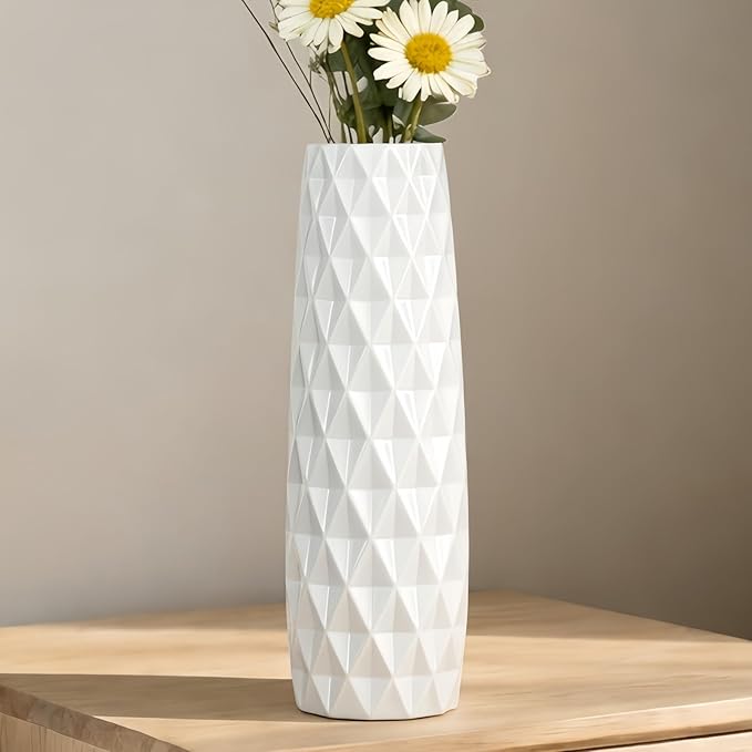 12 Inch White Vase Ceramic Flower Vase, Tall Vases for Pampas Grass, Home Decor, Modern Textured Vases for Living Room Decorations,Table Centerpieces,Shelf,Farmhouse Small Ceramic Vase