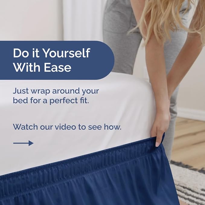 Wrap Around Dust Ruffle Bed Skirt - Navy Blue - for Queen Size Beds w/ 16 Inch Drop - Easy Fit Elastic Strap - Adjustable Pleated Bedskirt with Brushed Fabric, Wrinkle Free Women, Men, Kids and Teens