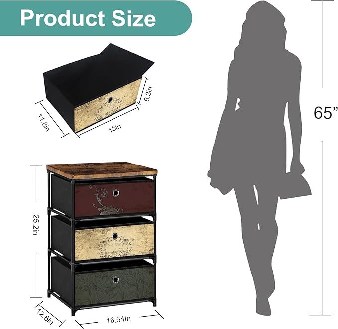 Nightstand with 3 Drawers, Clothes Storage Organizer, Small Fabric Dresser for Bedroom, Closet, Entryway, Hallway, Nursery, Dorm