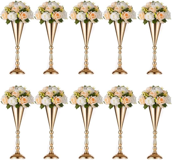 Sziqiqi Trumpet Vase Floral Centerpiece Riser Stand for Wedding Reception Centerpieces Party Event Anniversary Birthday Decoration Flower Arrangement Pack of 10, Rose Gold 16.5in