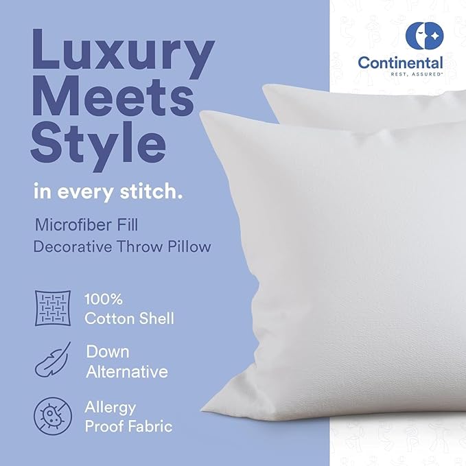 Continental Bedding | Down Alternative Throw Pillow Insert | 100% Cotton 250TC Shell | Medium Loft Decorative Cushion | 26x26 | 2 Pack