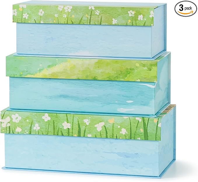Soul & Lane Watercolor Decorative Storage Boxes with Lids - Set of 3 - Lakeside Meadow Whisper: Floral Memory Keepsake Boxes with Magnetic Closure, Cardboard Storage for Photos, Organizing, Gifts