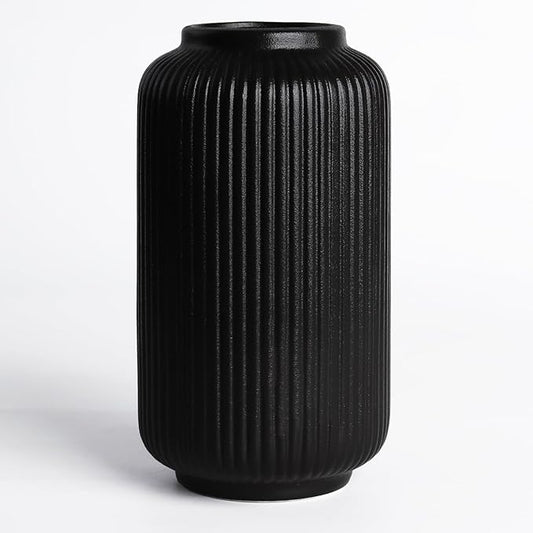 Matte Black Ceramic Flower Vase, 8 Inch Ribbed Vase for Pampas Grass, Fresh or Dried Flowers, Decorative Centerpiece for Living Room, Kitchen, Bookshelf, Office Decor