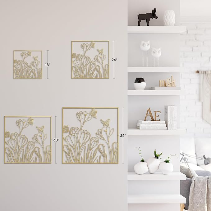 SIGNLEADER Metal Wall Art Decor Butterflies and Wildflowers Minimalist Modern Abstract Wall Sculpture Hangings Home Decoration for Living Room, Bedroom, Bathroom, Kitchen, Outdoor - 18" Gold