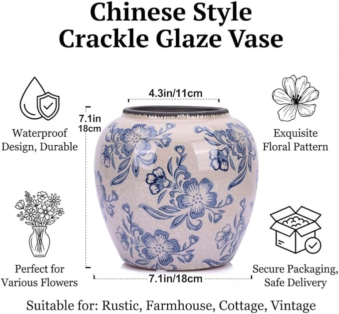 Blue and White Vase - 7.1 Inchs Vintage Ceramic Vases for Home Decor, Farmhouse Flower Vase for Living Room and Kitchen, Vintage Pottery Decor for Table Shelf and Mantle, Chinoiserie Decor Vases