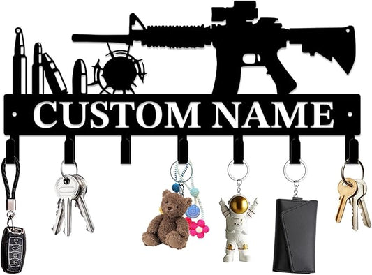 Personalized Custom Name Gun Wall Hooks,Metal Gun Room Art Clothes Hooks,Metal Gun Wall Home Storage Decorative,For Front Door, Hallway, Kitchen, Bedroom,Keys,Hats (Style C)