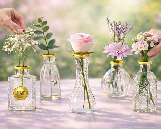 Luxury Glass Bud Vase Set of 5 – Hand Painted Gold Rim Mini Vases, Elegant Small Glass Vases for Centerpieces, Vintage Clear Flower Vases for Wedding, Table, Home & Party Décor