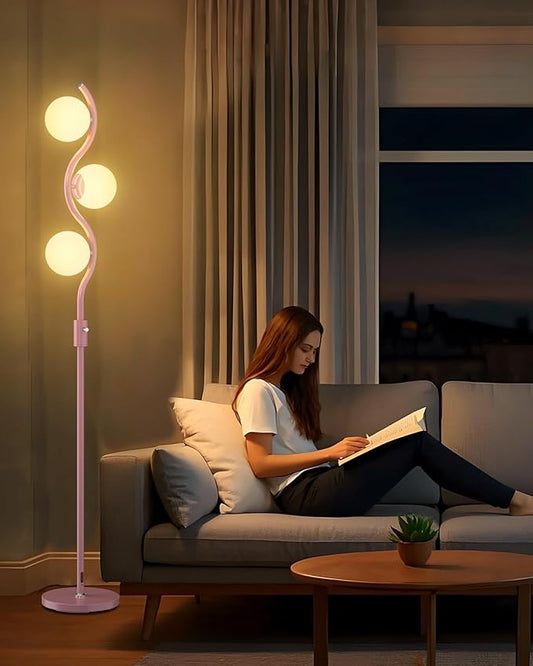 ACOHOOK 60IN Dimmable (Brightness Adjustable) Pink Floor Lamp, Modern Standing Lamps with 3 Globe Soft Warm White 3000K Bulbs, Mid Century Floor Lamp for Living Room Bedroom Home Decor