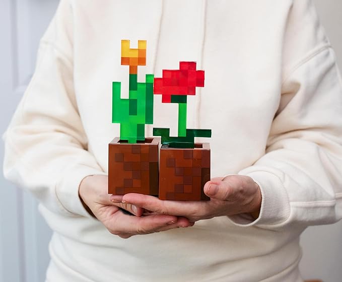 Minecraft Orange Tulip and Poppy Flower Pot Mood Lights, Set of 2 | Nightstand Table Lamp with LED Light for Bedroom, Desk, Living Room | Home Decor Room Essentials | Video Game Gifts And Collectibles