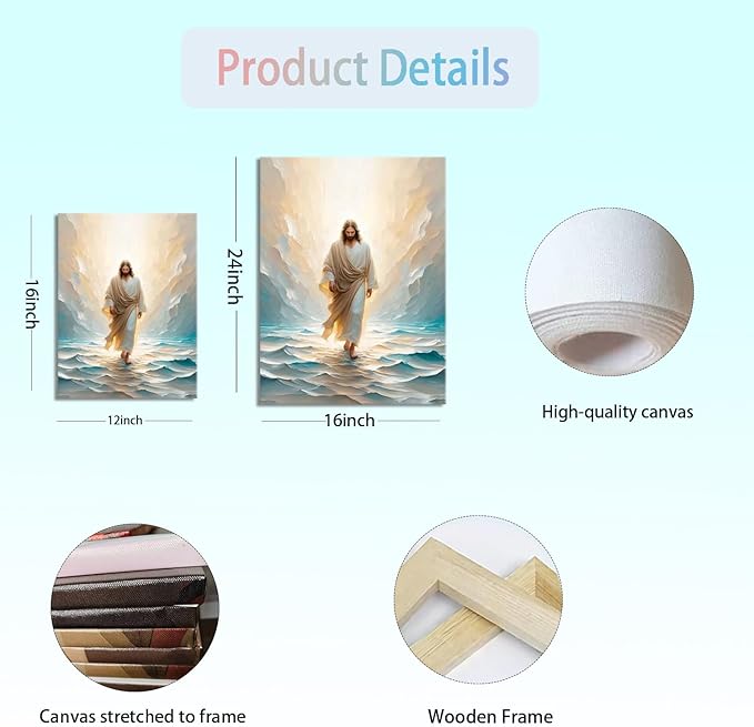 Jesus Walking on Water Canvas Wall Art Religious Christian Bible Stories Poster Oil Painting Wall Decor Religious Savior Pictures Aesthetic for Living Prayer Room Church Bedroom 12x16 in Framed