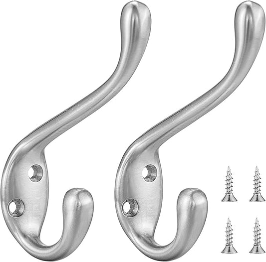 Coat Hooks 10 Pack - Heavy Duty Wall Mounted Brushed Nickel Double Hooks for Hanging Clothes/Towels - Sturdiness Design with Better Mounting System