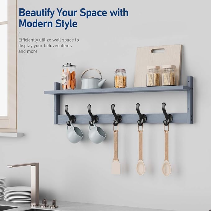 Tatub 29'' Coat Rack Wall Mount with Shelf, Wood Wall Hooks with Storage, Entryway Shelf with 5 Coat Hangers for Bathroom, Living Room, Bedroom, Grey
