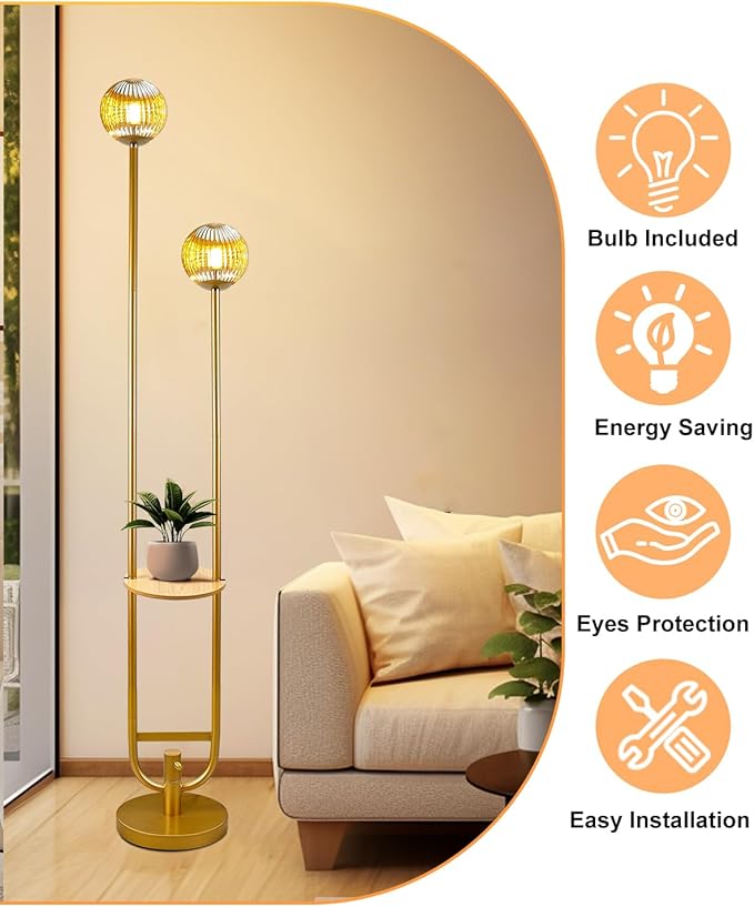 ACOHOOK Glass Floor Lamp with Tray, Gold Dimmable Globe Floor Lamp for Wedding/Party, 2Pcs 3000K Soft Warm White Bulbs Included, Mid Century Modern Standing Lamps for Living Room Bedroom