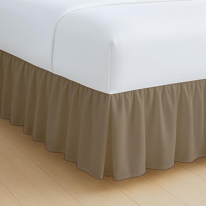 Rajlinen Ruffled Bed Skirt King, 12 Inch Drop Dust Ruffle with Split Corners, 100% Microfiber Bedskirt with Platform, Three-Sided Coverage Ruffled Gathering Design, Taupe