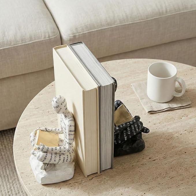 Book Ends for Heavy Books Set of 2, Modern Abstract Thinker Book Ends for Shelves and Desk - Resin with Non-Slip Pads, Bookends for Shelves, Modern Black White Office Decor Bookends