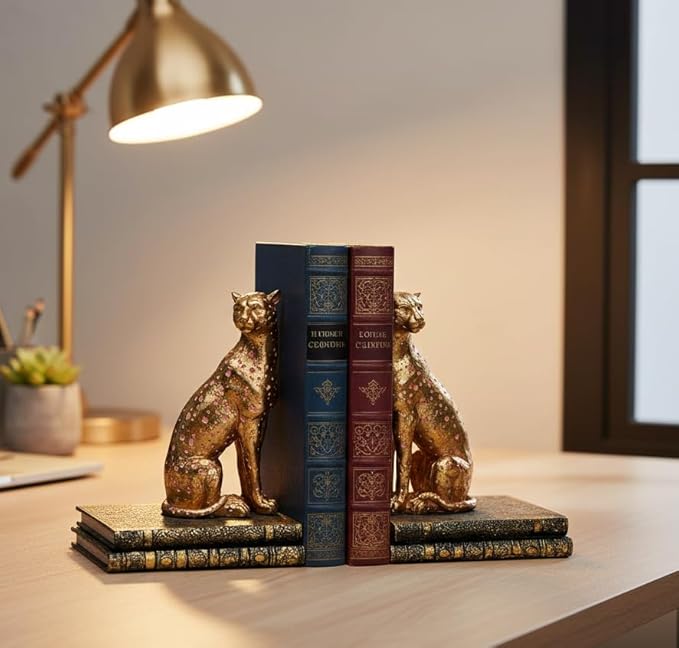 Comfy Hour Gold Cheetah Decorative Bookends, Unique Leopard Wildlife Art Book Ends for Shelves, Heavy Duty Resin Animal Statues for Books, 1 Pair