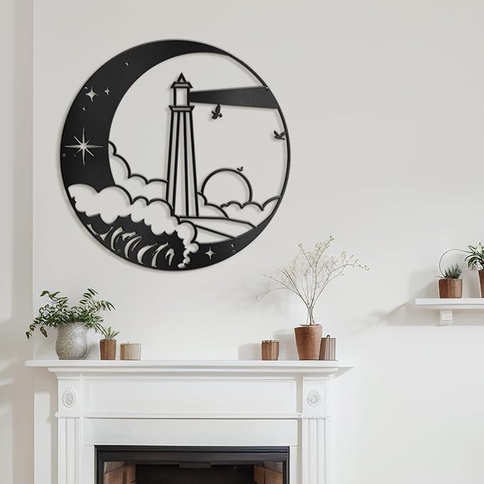 SIGNLEADER Metal Wall Art Decor Lighthouse on the Waves Minimalist Modern Abstract Wall Sculpture Hangings Home Decoration for Living Room, Bedroom, Bathroom, Kitchen, Outdoor - 18" Black