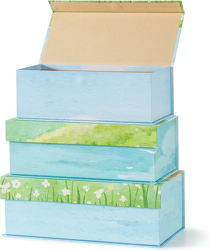 Soul & Lane Watercolor Decorative Storage Boxes with Lids - Set of 3 - Lakeside Meadow Whisper: Floral Memory Keepsake Boxes with Magnetic Closure, Cardboard Storage for Photos, Organizing, Gifts