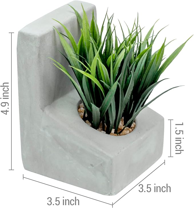 MyGift Decorative Bookends, Heavy Duty Book Ends with Artificial Green Grass Plants, Book Stands for Office Desktop, Bookshelf, Modern Gray Concrete L-Shaped