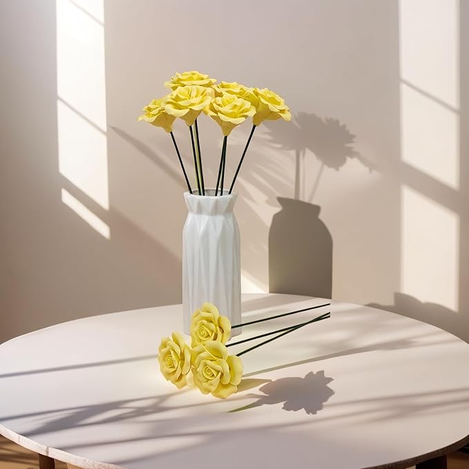 Handmade Porcelain 3D Ceramic Rose Flower, Eternal Flower Decoration for Home Office Decor, Creative Desktop vases, Porcelain Decorations, Set of 9 (Yellow)