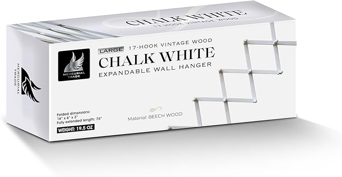 Expandable Wooden Coat Rack Hanger – Accordion Wall Mounted Pine Wood Hooks – Hand Made Vintage Expending Pegs – Hang Coat, Jacket, Hat, Leash, Towel, Mug, Bag, 17 Hook Chalk White