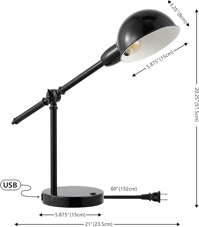 JONATHAN Y JYL7123A 20.25" Industrial Desk Lamp with USB Port, Vintage Black Metal Task Lamp with Adjustable Dome Shade for Home Office Reading, Bedside Nightstand Lamp for Bedroom, LED Bulb Included