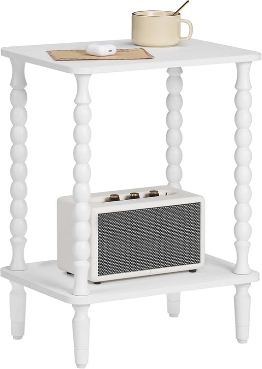 HOOBRO End Table, 2-Tier Small Side Table with Spindle Legs, Nightstand with Storage Shelves, Sofa Side Table, for Living Room, Bedroom, Small Space, White WT189BZ01