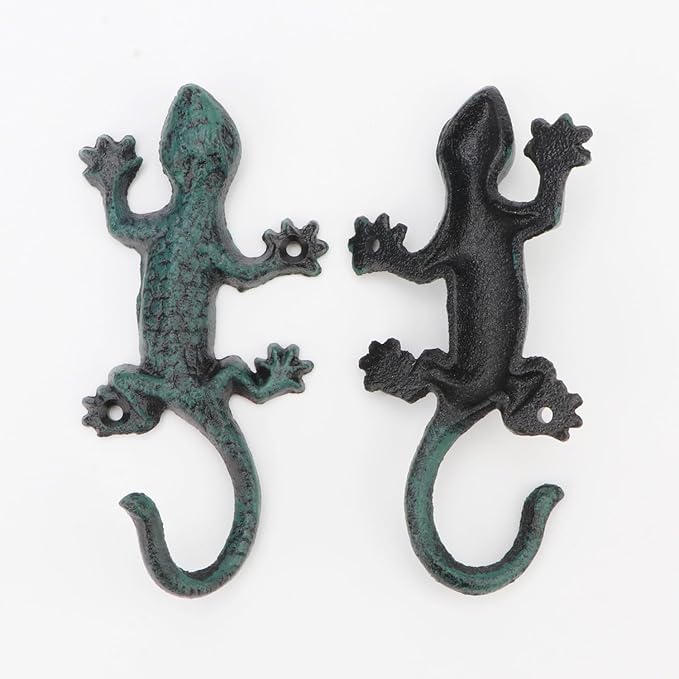 Cast Iron Gecko Wall Hooks Vintage Rustic Coat Rack with Hook Wall Coat Hooks Wall Mounted Heavy Duty Animal Hooks for Hanging Decorative Towel Hooks 2 Pcs (Gecko)