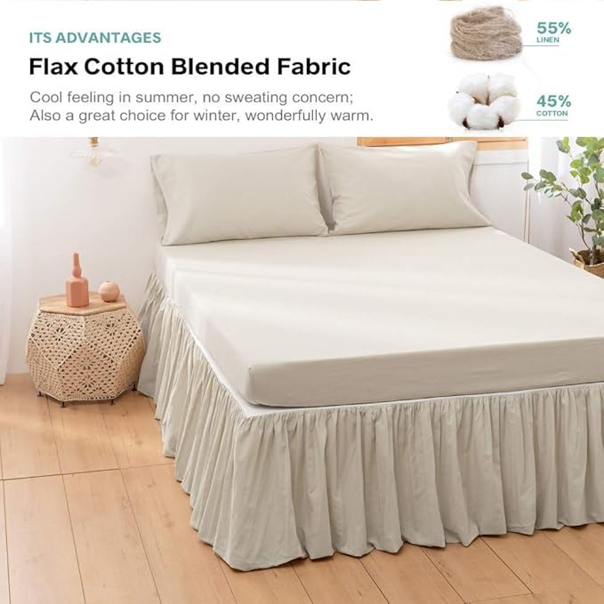 BISELINA French Linen Bed Skirt with Pleated Frills 14-Inch Tailored Drop Natural Flax Cotton Blend Dust Ruffle Soft Cozy Farmhouse Bedding (14" Twin, Linen)