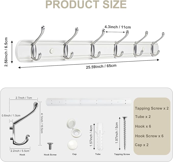 Coat Hooks Wall Mount, Wood Bamboo Wall Coat Rack with 6 Metal Hooks for Hanging Clothes, Towels, Keys, Bags(White&Brushed Nickel)