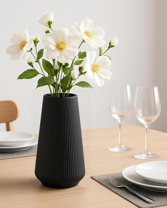 Matte Black Ceramic Vase – Frosted Elegant Flower Vase for Pampas Grass, Dried or Fresh Flowers, Modern Minimalist Farmhouse Home Decor for Living Room, Dining Table, Wedding Centerpiece