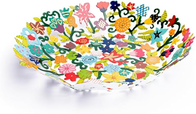 Emanuel Yair Decorative Metal Fruit Bowl | Vibrant Hand Painted Bowl | Hangable Centerpiece for Home Decor and Gifting | Judaica Art (14 inch, Flowers)