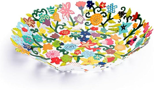 Emanuel Yair Decorative Metal Fruit Bowl | Vibrant Hand Painted Bowl | Hangable Centerpiece for Home Decor and Gifting | Judaica Art (14 inch, Flowers)