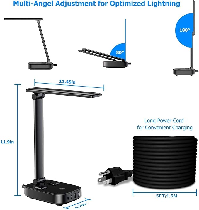 Yostyle LED Desk Lamp with 4 USB Charging Ports and 2 AC Outlets,5ft Extension Cord Power Strip Station, 3 Level Brightness, Touch Dimmer Control, Office Table Eye Care Lamp Bedroom Hotel