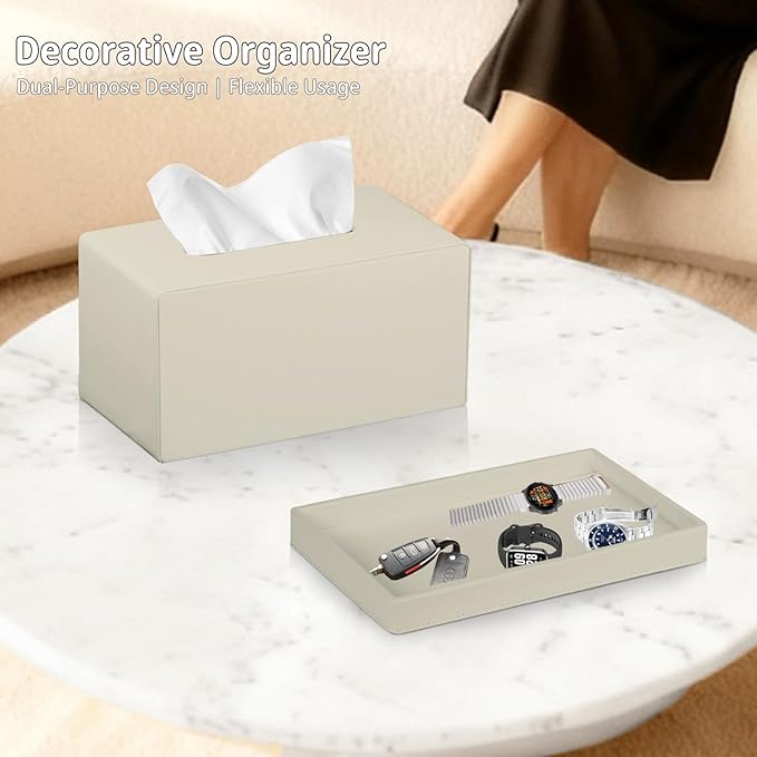PU Leather Tissue Box Cover Rectangle with Detachable Storage Tray,Fits 230-Count Box Tall Rectangular,Modern Decorative Tissue Box Holder/Organizer for Bathroom,Bedroom Dresser,Night Stand