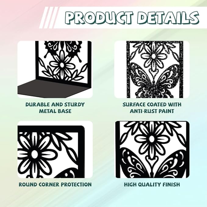 Peacoblue Metal Butterfly Bookends for Shelves Shelf Desk Office Room Decorative, Heavy Duty Study Unique Creative Anti-Slip Bookends Stoppers for All Books5.3"x4.3"x7.9", 1 Pair(Butterfly)