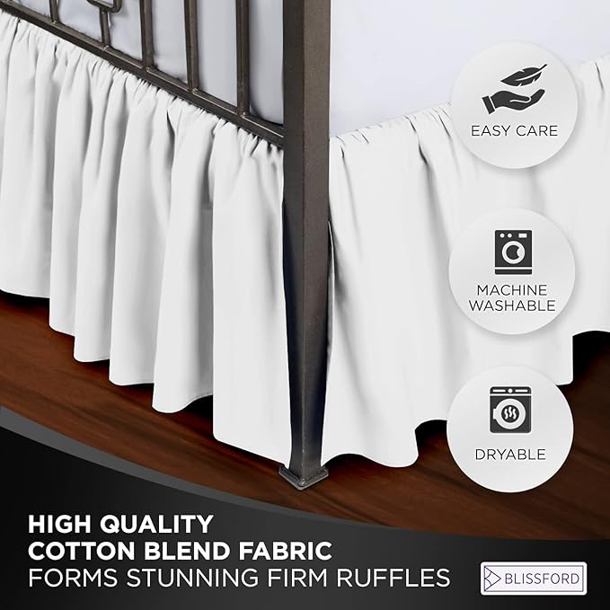 BLISSFORD White Bed Skirt Twin Size 21 inch Drop - with Split Corners - Cotton Blend Ruffle Bed Skirt, Dust Ruffle with Platform White Twin Bedskirt, Machine Washable