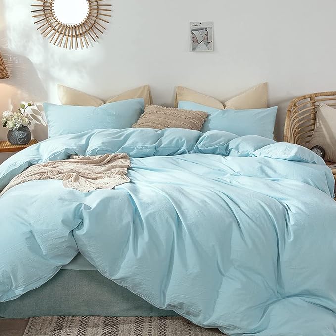 MooMee Bedding Duvet Cover Set 100% Washed Cotton Linen Like Textured Breathable Durable Soft Comfy (Heathered Light Blue, Queen 90"x90")