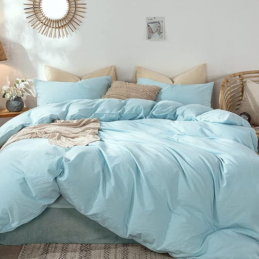 MooMee Bedding Duvet Cover Set 100% Washed Cotton Linen Like Textured Breathable Durable Soft Comfy (Heathered Light Blue, Queen 90"x90")