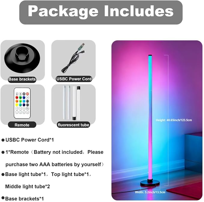 Led Corner Floor Lamp USB Powered with App & Remote Control, IC+RGBW Color Changing Led Lamp Music Sync, Timer Setting, Standing Lamps for Living Room Lamp Bedroom Gaming Room, 1 Pack