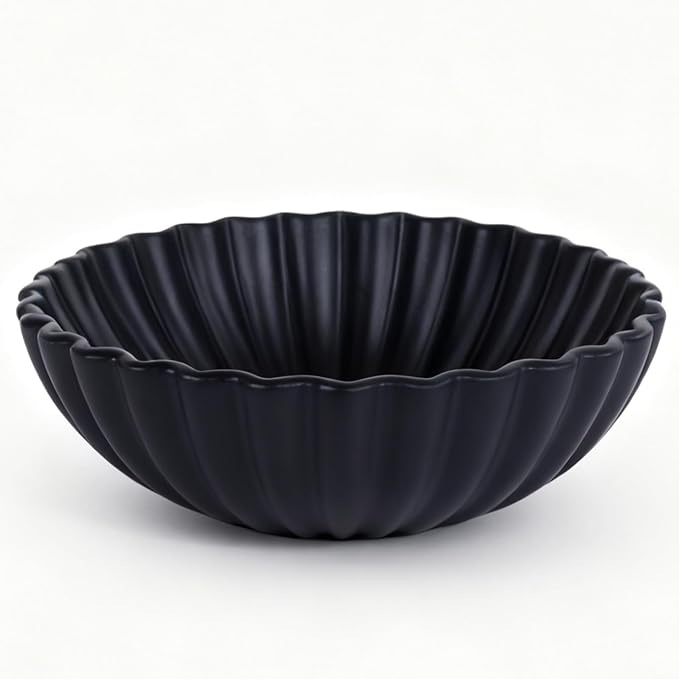 Large Black Fluted Decorative Bowl – Modern Ruffle Bowl for Kitchen, Living Room, Entryway & Coffee Table Décor, Multifunctional Black Fruit Bowl for Keys, Decorative Storage for Home