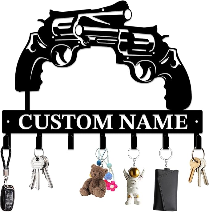 Personalized Custom Name Gun Wall Hooks,Metal Gun Room Art Clothes Hooks,Metal Gun Wall Home Storage Decorative,For Front Door, Hallway, Kitchen, Bedroom,Keys,Hats (Style B)