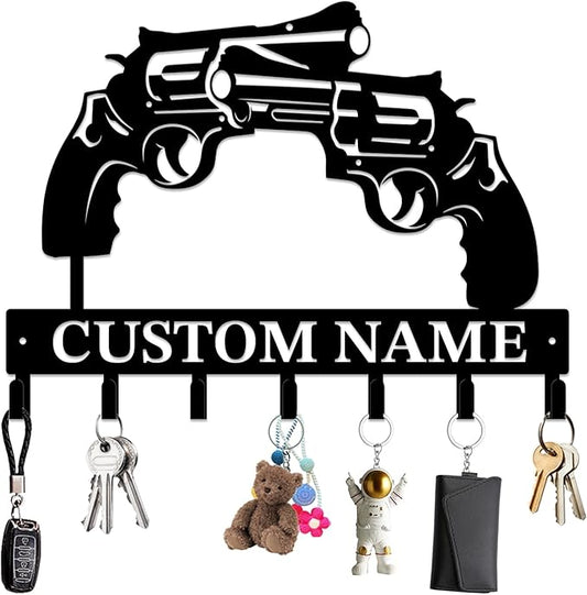 Personalized Custom Name Gun Wall Hooks,Metal Gun Room Art Clothes Hooks,Metal Gun Wall Home Storage Decorative,For Front Door, Hallway, Kitchen, Bedroom,Keys,Hats (Style B)