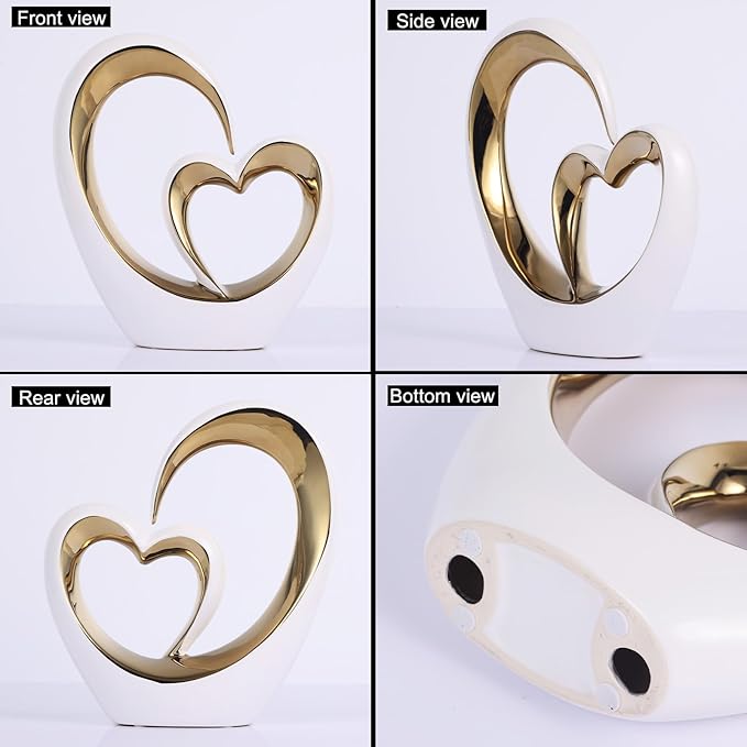 White Gold Ceramic Heart Statues - Abstract Home Sculptures for Bedroom, Wedding, Valentine Decor & Gifts for Women (Loving Hearts - Circular)