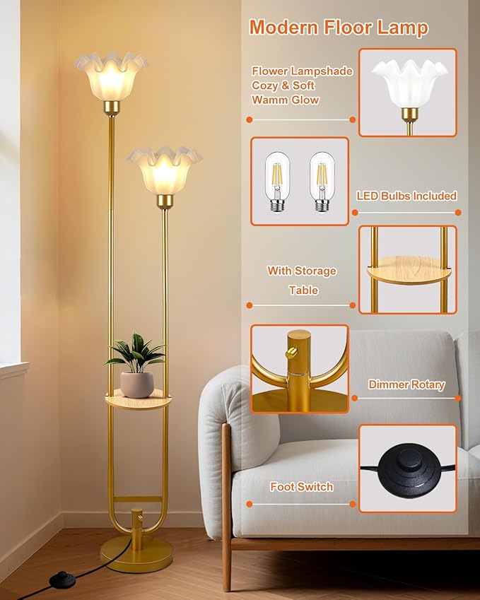 ACOHOOK Dimmable Flower Floor Lamps with Table, 2-Lights Dimmable Floral Floor Lamp, 3000K Warmwhite Candle Holder Style Modern Floor Lamp, Rustic Gold Standing Lamp for Living Room Bedroom