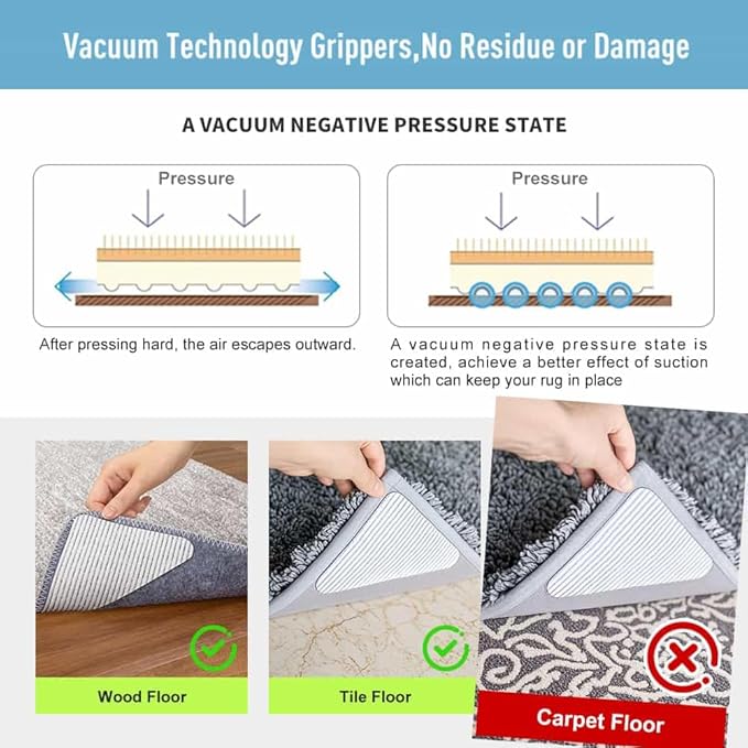 Rug-Gripper, Anti Slip Rug Grippers for Carpet, Upgraded Area Rug Pad Grippers Extra Sticky on Tile, Non-Slip Rug Pads Stopper for Hardwood Floor Washable Rug Tape Stickers 12x12cm 4 Pieces