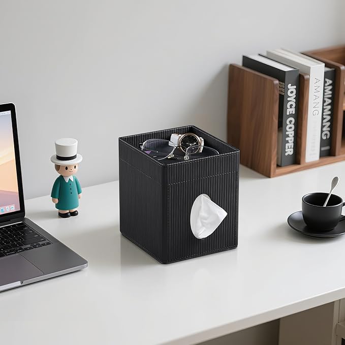 Square Tissue Box Cover with Tray, PU Leather Tissue Box Holder Decorative Cube Tissue Holder for Bathroom Bedroom Office (Black)