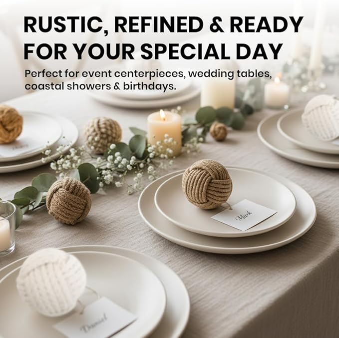 5pc Nautical Rope Balls – 2.5 Inch Each – Handmade Jute and Cotton Decorative Knots – for Rustic Tray Fillers, Wedding Centerpieces, Beach House or Living Room Decor Display