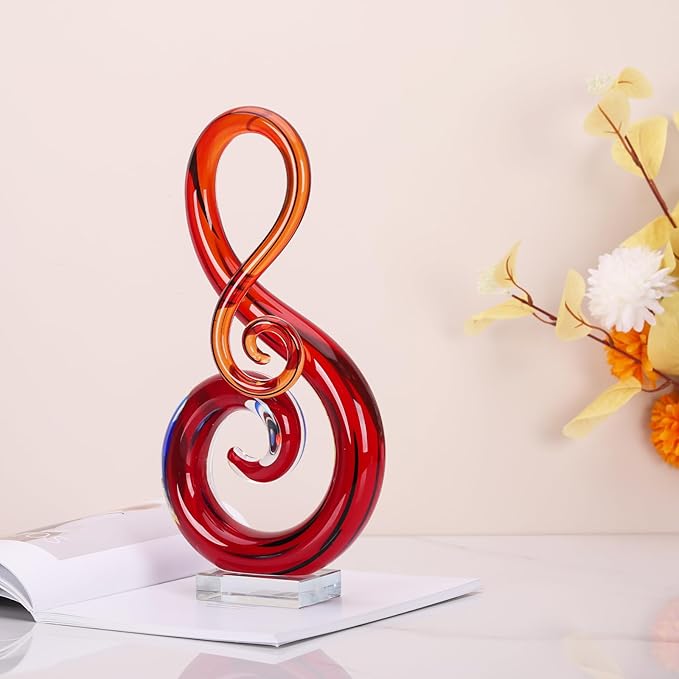 LCCCK 13" H Large Glass Sculpture Red Hand Blown Glass Figurines Art Music Decor, Modern Red Glasses Decor Crystals Statue Knick Knacks- for Luxury Home Living Room Office Console Table Decoration