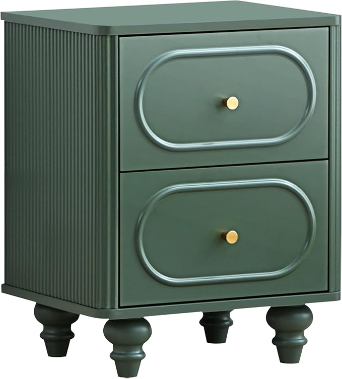 2 Drawer Fluted Nightstand, Mid Century Modern Farmhouse Night Stand Small End Table Bedside Table for Bedroom, Green